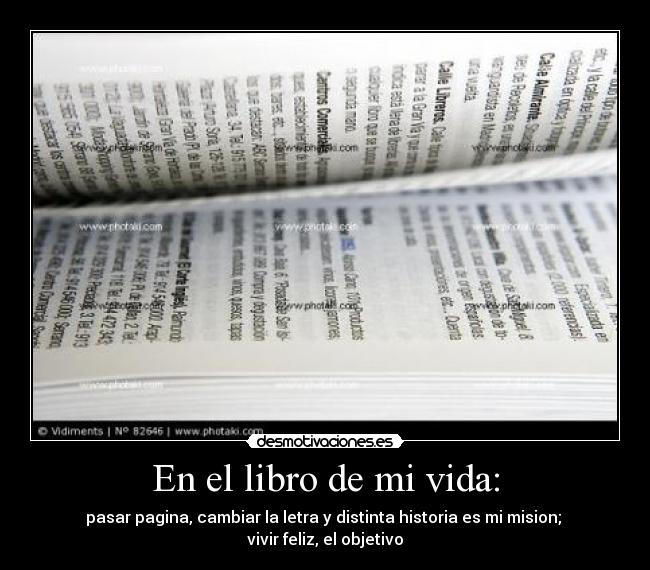 En el libro de mi vida: - pasar pagina, cambiar la letra y distinta historia es mi mision; 
vivir feliz, el objetivo