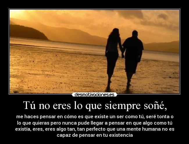 Tú no eres lo que siempre soñé, - me haces pensar en cómo es que existe un ser como tú, seré tonta o
lo que quieras pero nunca pude llegar a pensar en que algo como tú
existía, eres, eres algo tan, tan perfecto que una mente humana no es
capaz de pensar en tu existencia