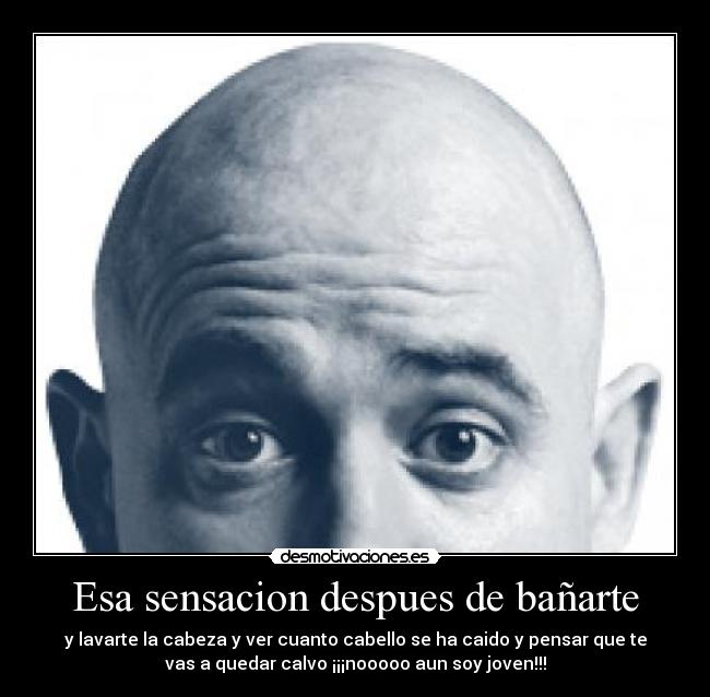 Esa sensacion despues de bañarte - y lavarte la cabeza y ver cuanto cabello se ha caido y pensar que te
vas a quedar calvo ¡¡¡nooooo aun soy joven!!!