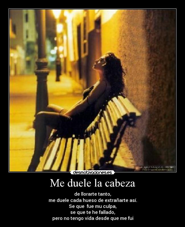 Me duele la cabeza - de llorarte tanto,
me duele cada hueso de extrañarte así.
Se que fue mu culpa,
se que te he fallado,
pero no tengo vida desde que me fui