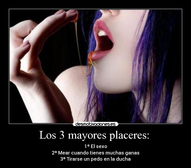 Los 3 mayores placeres: - 1º El sexo
2º Mear cuando tienes muchas ganas
3º Tirarse un pedo en la ducha