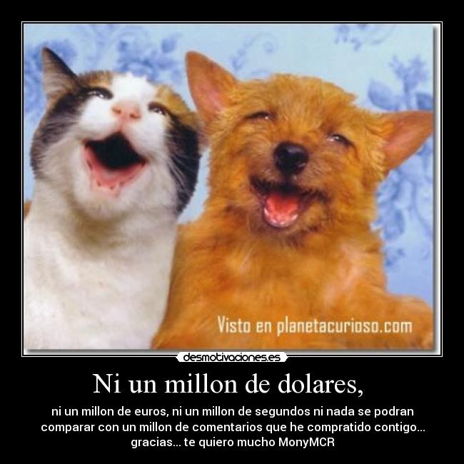 Ni un millon de dolares, - ni un millon de euros, ni un millon de segundos ni nada se podran
comparar con un millon de comentarios que he compratido contigo...
gracias... te quiero mucho MonyMCR