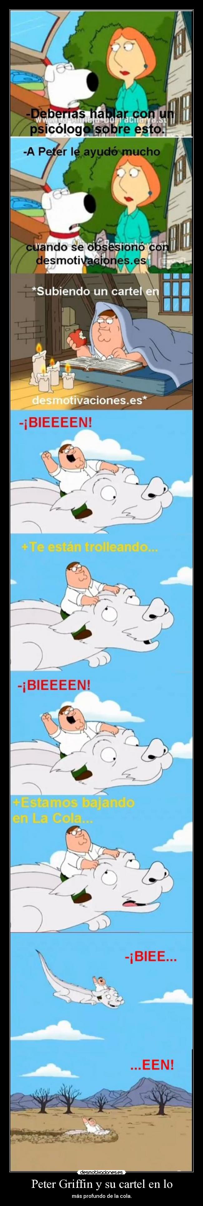 Peter Griffin y su cartel en lo - más profundo de la cola.