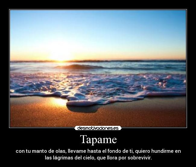 Tapame - con tu manto de olas, llevame hasta el fondo de ti, quiero hundirme en
las lágrimas del cielo, que llora por sobrevivir.