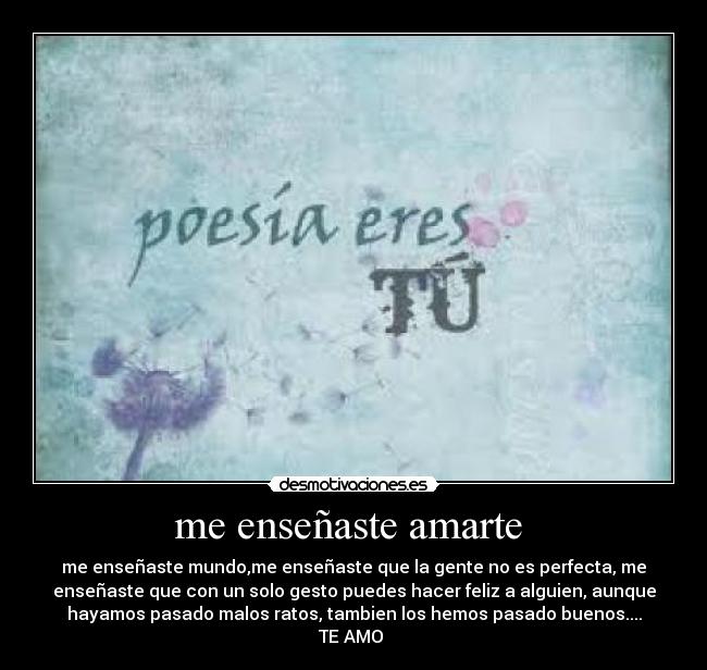 me enseñaste amarte  - me enseñaste mundo,me enseñaste que la gente no es perfecta, me
enseñaste que con un solo gesto puedes hacer feliz a alguien, aunque
hayamos pasado malos ratos, tambien los hemos pasado buenos....
TE AMO ♥