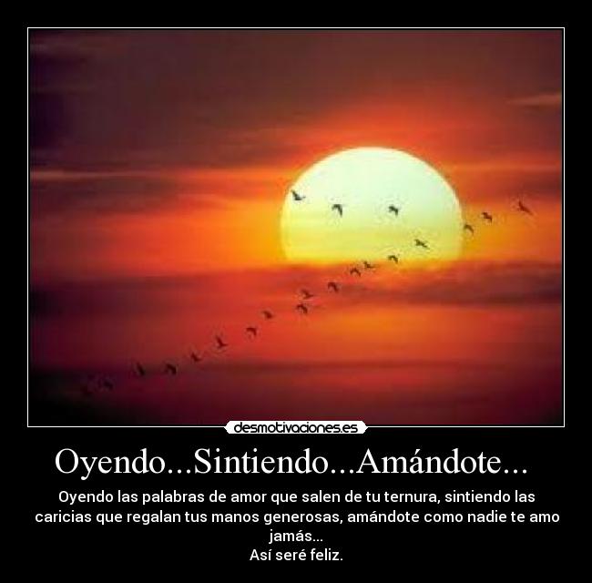 Oyendo...Sintiendo...Amándote...  - Oyendo las palabras de amor que salen de tu ternura, sintiendo las
caricias que regalan tus manos generosas, amándote como nadie te amo
jamás...
Así seré feliz.