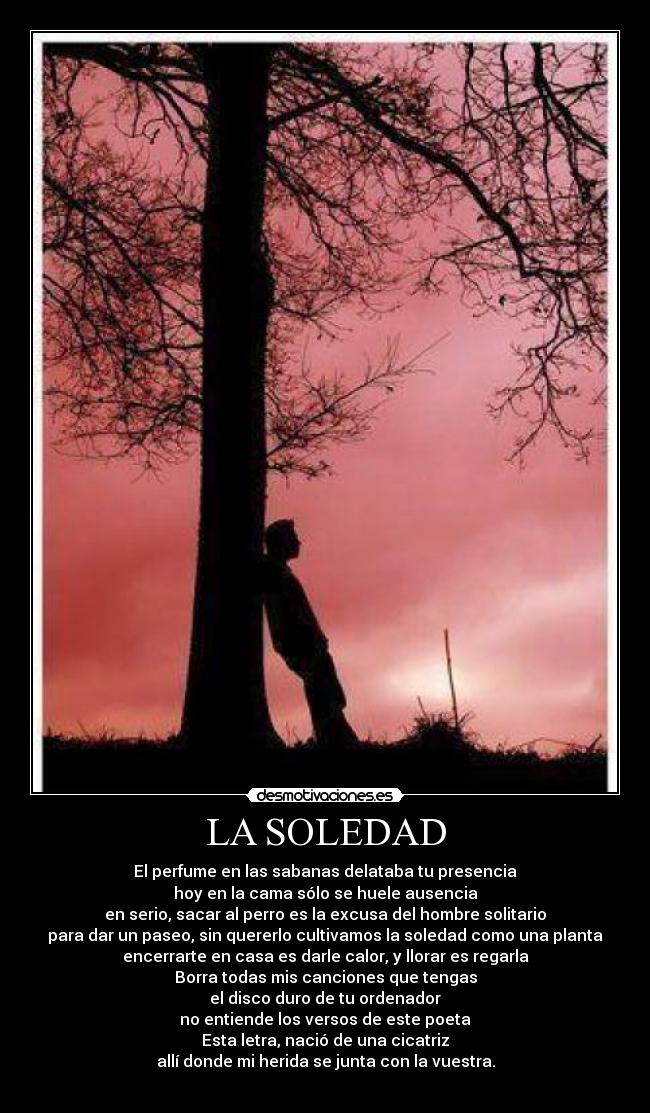 LA SOLEDAD - El perfume en las sabanas delataba tu presencia
hoy en la cama sólo se huele ausencia
en serio, sacar al perro es la excusa del hombre solitario
para dar un paseo, sin quererlo cultivamos la soledad como una planta
encerrarte en casa es darle calor, y llorar es regarla
Borra todas mis canciones que tengas
el disco duro de tu ordenador
no entiende los versos de este poeta
Esta letra, nació de una cicatriz
allí donde mi herida se junta con la vuestra.