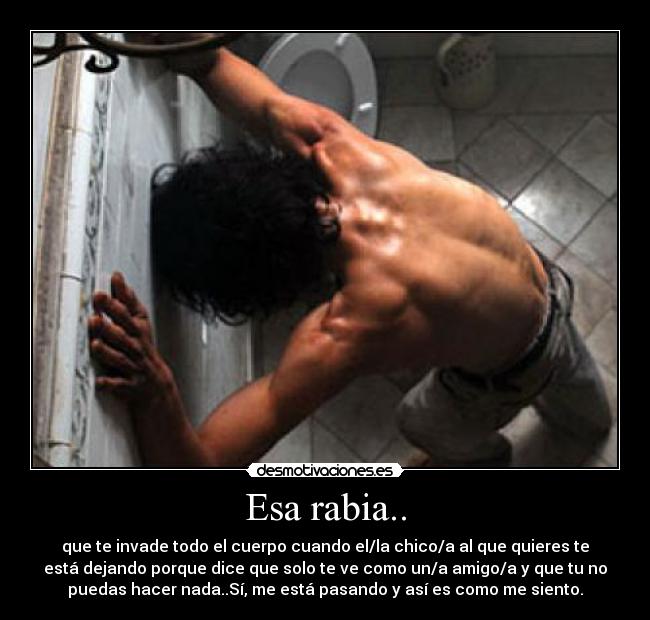 Esa rabia.. - que te invade todo el cuerpo cuando el/la chico/a al que quieres te
está dejando porque dice que solo te ve como un/a amigo/a y que tu no
puedas hacer nada..Sí, me está pasando y así es como me siento.