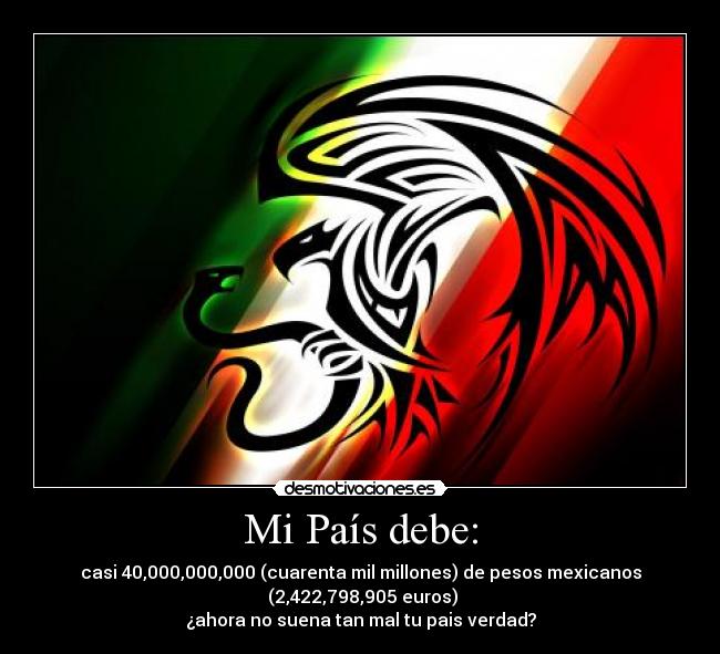 Mi País debe: - casi 40,000,000,000 (cuarenta mil millones) de pesos mexicanos
 (2,422,798,905 euros)
¿ahora no suena tan mal tu pais verdad?