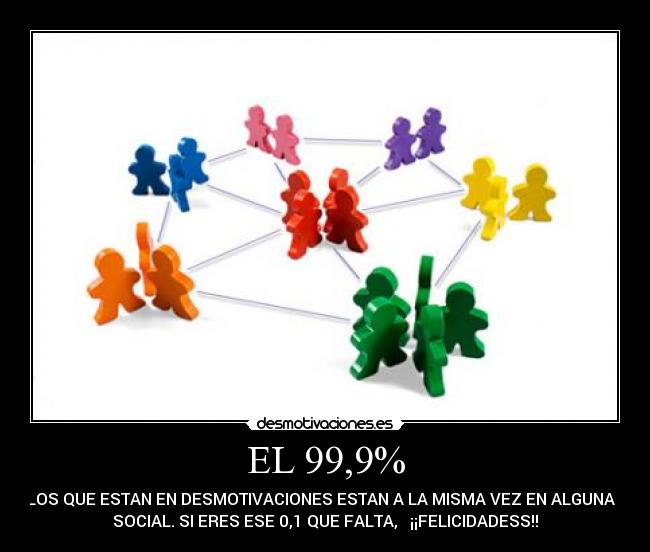 EL 99,9% - DE LOS QUE ESTAN EN DESMOTIVACIONES ESTAN A LA MISMA VEZ EN ALGUNA RED
SOCIAL. SI ERES ESE 0,1 QUE FALTA, ¡¡FELICIDADESS!!