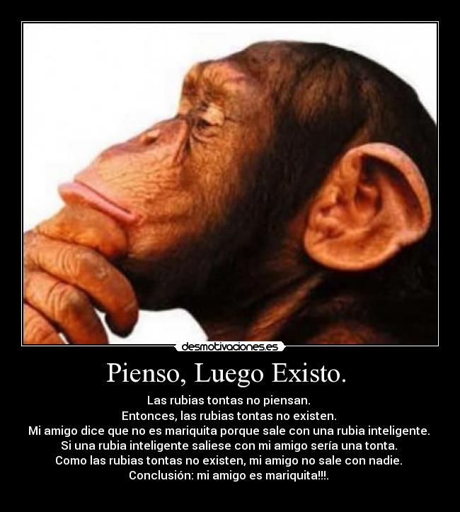 Pienso, Luego Existo. - Las rubias tontas no piensan.
Entonces, las rubias tontas no existen.
Mi amigo dice que no es mariquita porque sale con una rubia inteligente.
Si una rubia inteligente saliese con mi amigo sería una tonta.
Como las rubias tontas no existen, mi amigo no sale con nadie.
Conclusión: mi amigo es mariquita!!!.