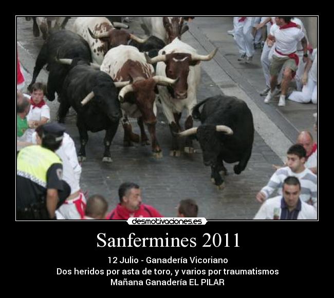 Sanfermines 2011 - 12 Julio - Ganadería Vicoriano
Dos heridos por asta de toro, y varios por traumatismos
Mañana Ganadería EL PILAR