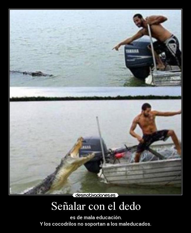 Señalar con el dedo - es de mala educación.
Y los cocodrilos no soportan a los maleducados.