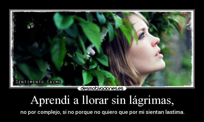 Aprendi a llorar sin lágrimas, - no por complejo, si no porque no quiero que por mi sientan lastima.