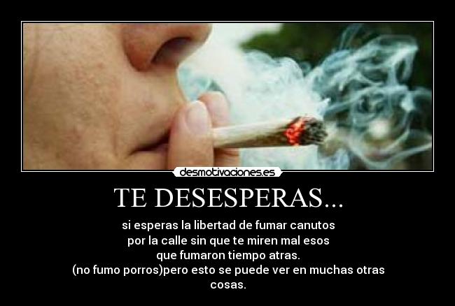 TE DESESPERAS... - si esperas la libertad de fumar canutos
por la calle sin que te miren mal esos
que fumaron tiempo atras.
(no fumo porros)pero esto se puede ver en muchas otras
cosas.
