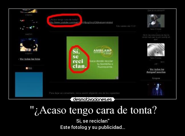 ¿Acaso tengo cara de tonta? - Si, se reciclan
Este fotolog y su publicidad...