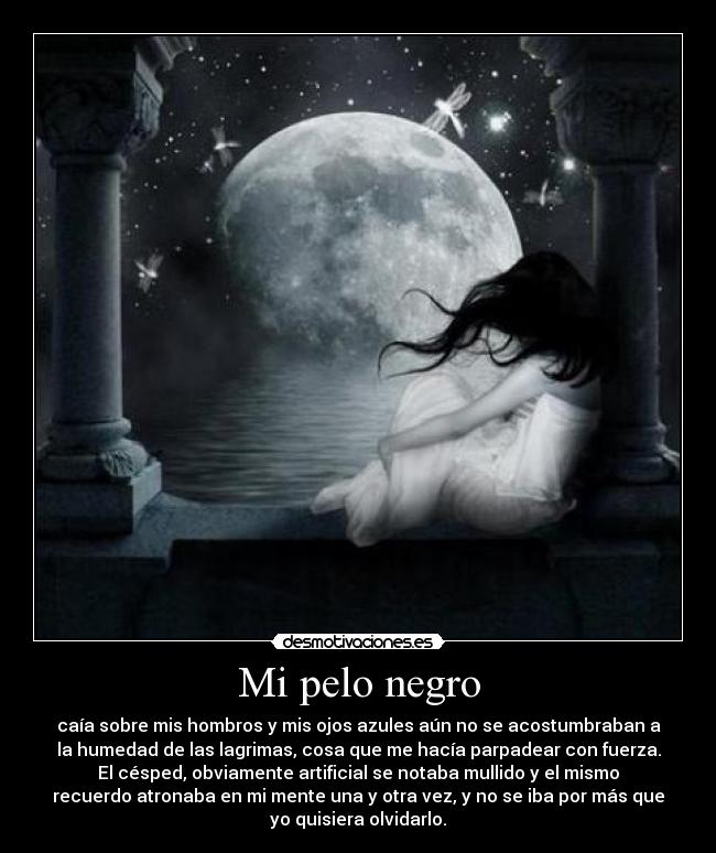 Mi pelo negro - caía sobre mis hombros y mis ojos azules aún no se acostumbraban a
la humedad de las lagrimas, cosa que me hacía parpadear con fuerza.
El césped, obviamente artificial se notaba mullido y el mismo
recuerdo atronaba en mi mente una y otra vez, y no se iba por más que
yo quisiera olvidarlo.