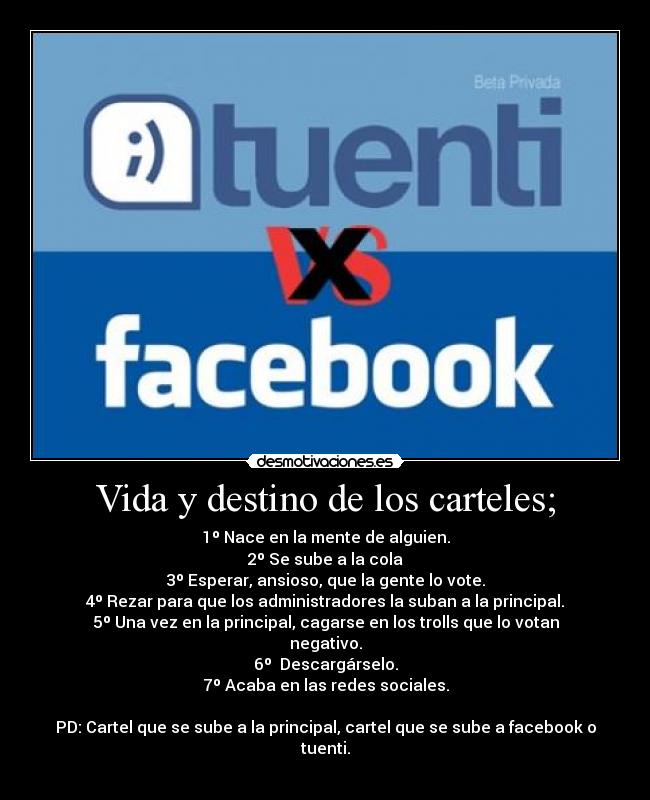Vida y destino de los carteles; - 1º Nace en la mente de alguien.
2º Se sube a la cola
3º Esperar, ansioso, que la gente lo vote.
4º Rezar para que los administradores la suban a la principal.
5º Una vez en la principal, cagarse en los trolls que lo votan negativo.
6º  Descargárselo.
7º Acaba en las redes sociales.

PD: Cartel que se sube a la principal, cartel que se sube a facebook o tuenti.
