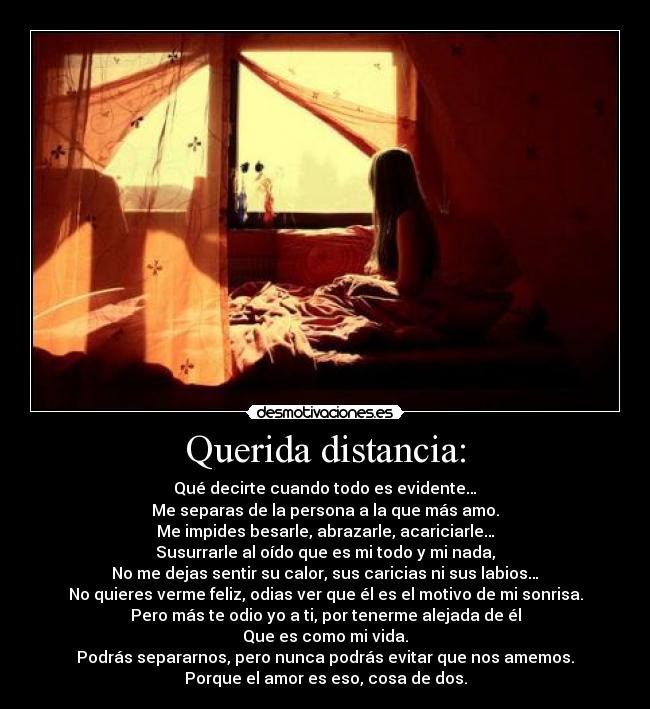 Querida distancia: - Qué decirte cuando todo es evidente…
Me separas de la persona a la que más amo.
Me impides besarle, abrazarle, acariciarle…
Susurrarle al oído que es mi todo y mi nada,
No me dejas sentir su calor, sus caricias ni sus labios…
No quieres verme feliz, odias ver que él es el motivo de mi sonrisa.
Pero más te odio yo a ti, por tenerme alejada de él
Que es como mi vida.
Podrás separarnos, pero nunca podrás evitar que nos amemos.
Porque el amor es eso, cosa de dos.