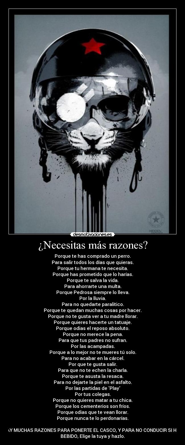 ¿Necesitas más razones? - Porque te has comprado un perro.
Para salir todos los días que quieras.
Porque tu hermana te necesita.
Porque has prometido que lo harías.
Porque te salva la vida.
Para ahorrarte una multa.
Porque Pedrosa siempre lo lleva.
Por la lluvia.
Para no quedarte paralitico.
Porque te quedan muchas cosas por hacer.
Porque no te gusta ver a tu madre llorar.
Porque quieres hacerte un tatuaje.
Porque odias el reposo absoluto.
Porque no merece la pena.
Para que tus padres no sufran.
Por las acampadas.
Porque a lo mejor no te mueres tú solo.
Para no acabar en la cárcel.
Por que te gusta salir.
Para que no te echen la charla.
Porque te asusta la resaca.
Para no dejarte la piel en el asfalto.
Por las partidas de Play
Por tus colegas.
Porque no quieres matar a tu chica.
Porque los cementerios son fríos.
Porque odias que te vean llorar.
Porque nunca te lo perdonarías.

HAY MUCHAS RAZONES PARA PONERTE EL CASCO, Y PARA NO CONDUCIR SI HAS
BEBIDO, Elige la tuya y hazlo.