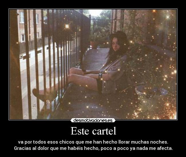 Este cartel - va por todos esos chicos que me han hecho llorar muchas noches.
Gracias al dolor que me habéis hecho, poco a poco ya nada me afecta.