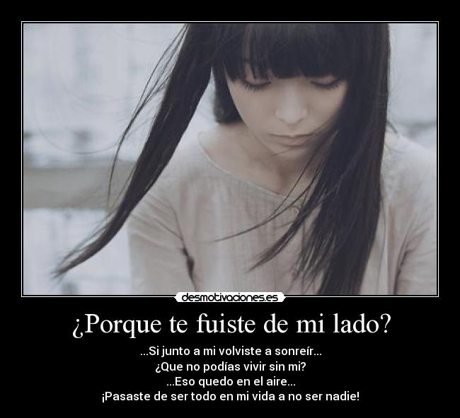 ¿Porque te fuiste de mi lado? - ...Si junto a mi volviste a sonreír...
¿Que no podías vivir sin mi?
...Eso quedo en el aire...
¡Pasaste de ser todo en mi vida a no ser nadie!