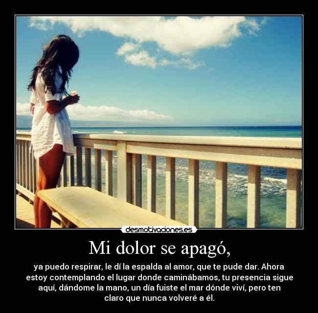 Mi dolor se apagó, - ya puedo respirar, le dí la espalda al amor, que te pude dar. Ahora
estoy contemplando el lugar donde caminábamos, tu presencia sigue
aquí, dándome la mano, un día fuiste el mar dónde viví, pero ten
claro que nunca volveré a él.