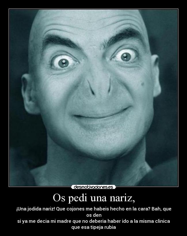 Os pedi una nariz, - ¡Una jodida nariz! Que cojones me habeis hecho en la cara? Bah, que os den
si ya me decia mi madre que no deberia haber ido a la misma clinica
que esa tipeja rubia