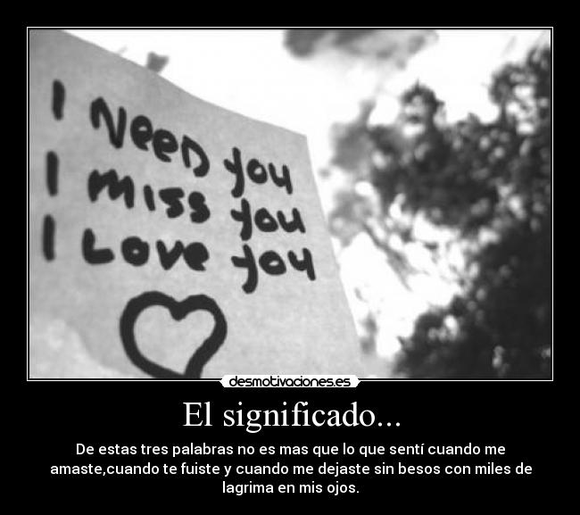 El significado... - De estas tres palabras no es mas que lo que sentí cuando me
amaste,cuando te fuiste y cuando me dejaste sin besos con miles de
lagrima en mis ojos.