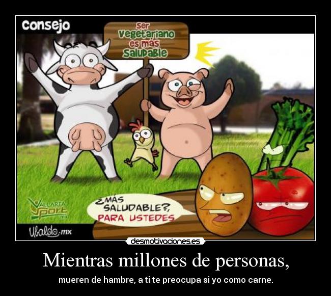 Mientras millones de personas, - mueren de hambre, a ti te preocupa si yo como carne.