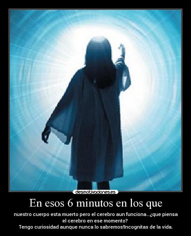 En esos 6 minutos en los que - nuestro cuerpo esta muerto pero el cerebro aun funciona...¿que piensa
el cerebro en ese momento?
Tengo curiosidad aunque nunca lo sabremos!Incognitas de la vida.