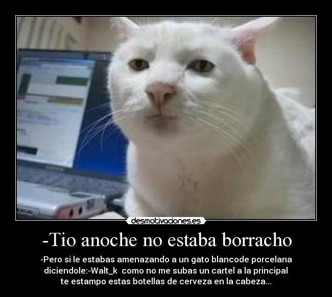 -Tio anoche no estaba borracho - -Pero si le estabas amenazando a un gato blancode porcelana
diciendole:-Walt_k como no me subas un cartel a la principal
te estampo estas botellas de cerveza en la cabeza...
