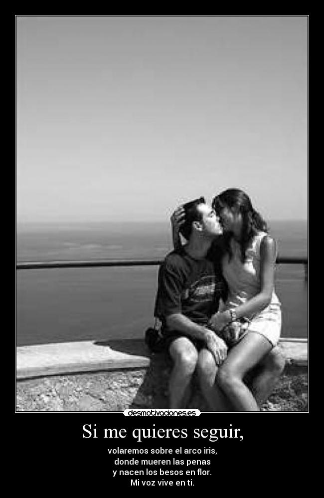 Si me quieres seguir, - volaremos sobre el arco iris,
donde mueren las penas
y nacen los besos en flor.
Mi voz vive en ti.