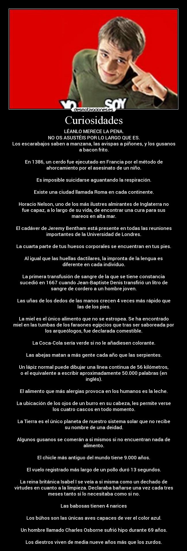 Curiosidades - LÉANLO MERECE LA PENA.
NO OS ASUSTÉIS POR LO LARGO QUE ES.
Los escarabajos saben a manzana, las avispas a piñones, y los gusanos
a bacon frito.
En 1386, un cerdo fue ejecutado en Francia por el método de
ahorcamiento por el asesinato de un niño.
Es imposible suicidarse aguantando la respiración.
Existe una ciudad llamada Roma en cada continente.
Horacio Nelson, uno de los más ilustres almirantes de Inglaterra no
fue capaz, a lo largo de su vida, de encontrar una cura para sus
mareos en alta mar.
El cadáver de Jeremy Bentham está presente en todas las reuniones
importantes de la Universidad de Londres.
La cuarta parte de tus huesos corporales se encuentran en tus pies.
Al igual que las huellas dactilares, la impronta de la lengua es
diferente en cada individuo.
La primera transfusión de sangre de la que se tiene constancia
sucedió en 1667 cuando Jean-Baptiste Denis transfirió un litro de
sangre de cordero a un hombre joven.
Las uñas de los dedos de las manos crecen 4 veces más rápido que
las de los pies.
La miel es el único alimento que no se estropea. Se ha encontrado
miel en las tumbas de los faraones egipcios que tras ser saboreada por
los arqueólogos, fue declarada comestible.
La Coca-Cola sería verde si no le añadiesen colorante.
Las abejas matan a más gente cada año que las serpientes.
Un lápiz normal puede dibujar una línea continua de 56 kilómetros,
o el equivalente a escribir aproximadamente 50.000 palabras (en
inglés).
El alimento que más alergias provoca en los humanos es la leche.
La ubicación de los ojos de un burro en su cabeza, les permite verse
los cuatro cascos en todo momento.
La Tierra es el único planeta de nuestro sistema solar que no recibe
su nombre de una deidad.
Algunos gusanos se comerán a si mismos si no encuentran nada de
alimento.
El chicle más antiguo del mundo tiene 9.000 años.
El vuelo registrado más largo de un pollo duró 13 segundos.
La reina británica Isabel I se veía a si misma como un dechado de
virtudes en cuanto a la limpieza. Declaraba bañarse una vez cada tres
meses tanto si lo necesitaba como si no.
Las babosas tienen 4 narices
Los búhos son las únicas aves capaces de ver el color azul.
Un hombre llamado Charles Osborne sufrió hipo durante 69 años.
Los diestros viven de media nueve años más que los zurdos.