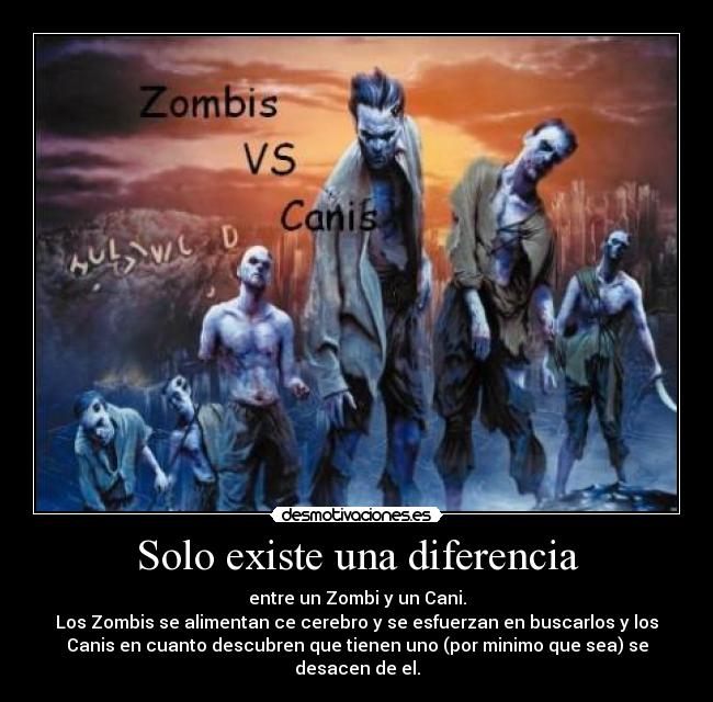 Solo existe una diferencia - entre un Zombi y un Cani.
Los Zombis se alimentan ce cerebro y se esfuerzan en buscarlos y los
Canis en cuanto descubren que tienen uno (por minimo que sea) se
desacen de el.