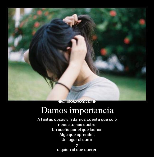 Damos importancia - A tantas cosas sin darnos cuenta que solo
necesitamos cuatro:
Un sueño por el que luchar,
Algo que aprender,
Un lugar al que ir
y
alquien al que querer.