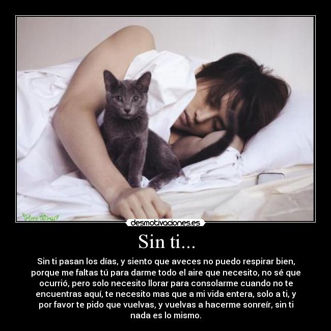 Sin ti... - Sin ti pasan los días, y siento que aveces no puedo respirar bien,
porque me faltas tú para darme todo el aire que necesito, no sé que
ocurrió, pero solo necesito llorar para consolarme cuando no te
encuentras aquí, te necesito mas que a mi vida entera, solo a ti, y
por favor te pido que vuelvas, y vuelvas a hacerme sonreír, sin ti
nada es lo mismo.