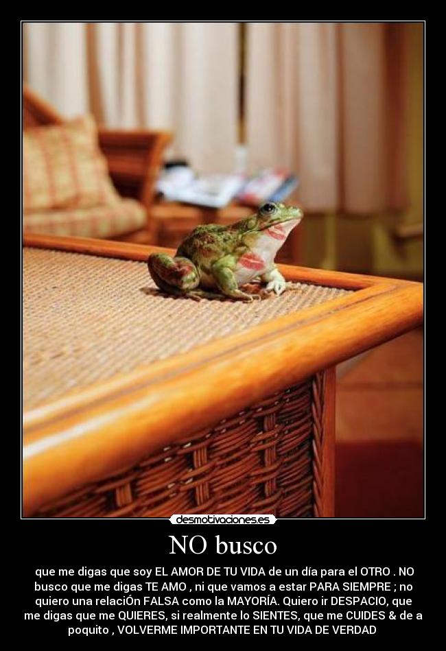 NO busco - que me digas que soy EL AMOR DE TU VIDA de un día para el OTRO . NO
busco que me digas TE AMO , ni que vamos a estar PARA SIEMPRE ; no
quiero una relaciÓn FALSA como la MAYORÍA. Quiero ir DESPACIO, que
me digas que me QUIERES, si realmente lo SIENTES, que me CUIDES & de a
poquito , VOLVERME IMPORTANTE EN TU VIDA DE VERDAD ♥