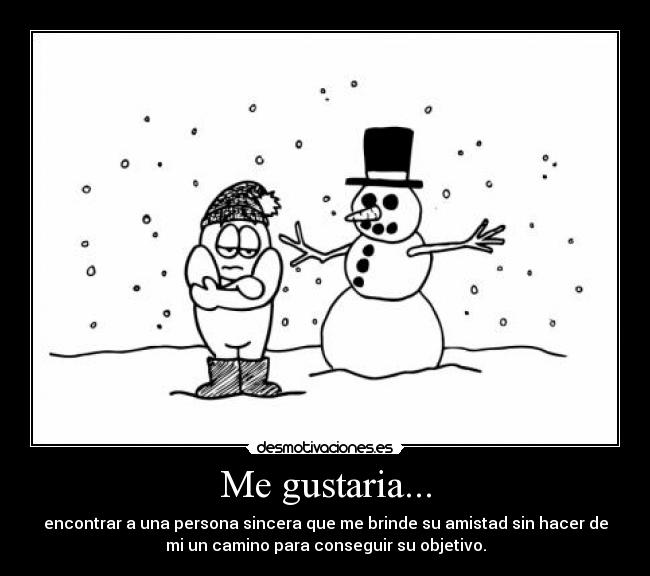 Me gustaria... - encontrar a una persona sincera que me brinde su amistad sin hacer de
mi un camino para conseguir su objetivo.