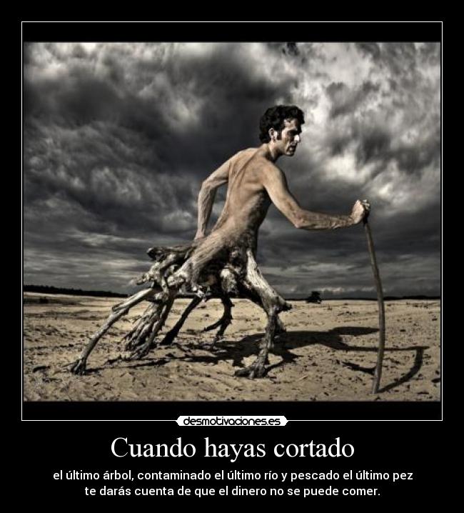 Cuando hayas cortado - el último árbol, contaminado el último río y pescado el último pez
te darás cuenta de que el dinero no se puede comer.