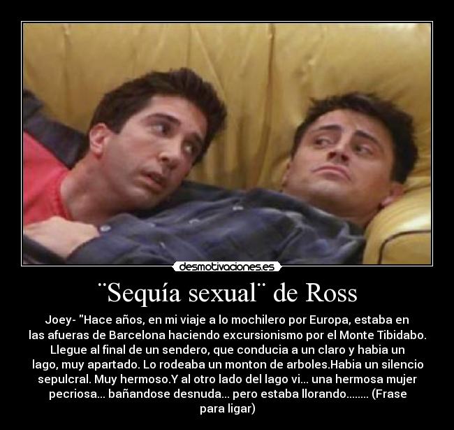 ¨Sequía sexual¨ de Ross - Joey- Hace años, en mi viaje a lo mochilero por Europa, estaba en
las afueras de Barcelona haciendo excursionismo por el Monte Tibidabo.
Llegue al final de un sendero, que conducia a un claro y habia un
lago, muy apartado. Lo rodeaba un monton de arboles.Habia un silencio
sepulcral. Muy hermoso.Y al otro lado del lago vi... una hermosa mujer
pecriosa... bañandose desnuda... pero estaba llorando........ (Frase
para ligar)