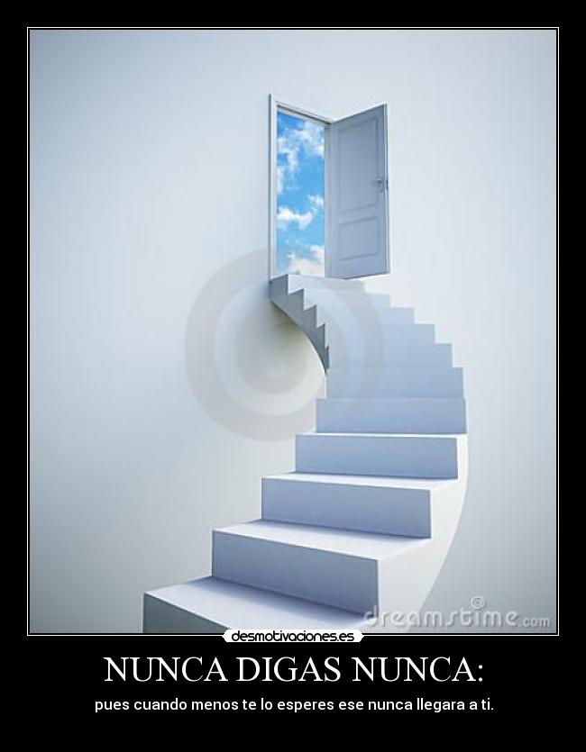 NUNCA DIGAS NUNCA: - pues cuando menos te lo esperes ese nunca llegara a ti.