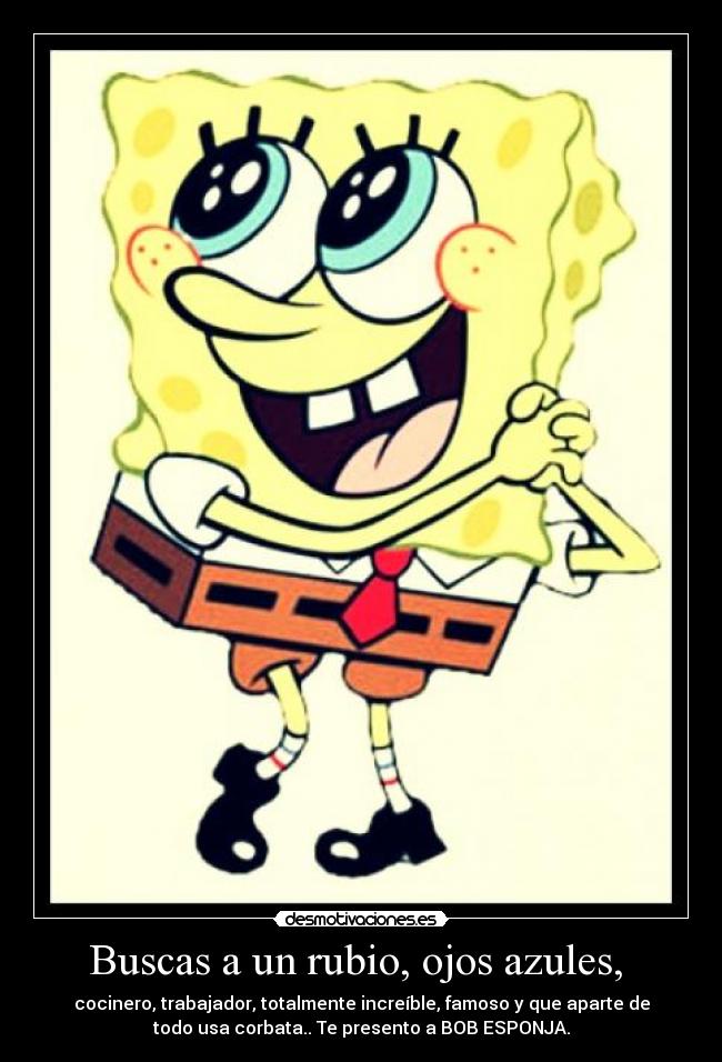 Buscas a un rubio, ojos azules,  - cocinero, trabajador, totalmente increíble, famoso y que aparte de
todo usa corbata.. Te presento a BOB ESPONJA.