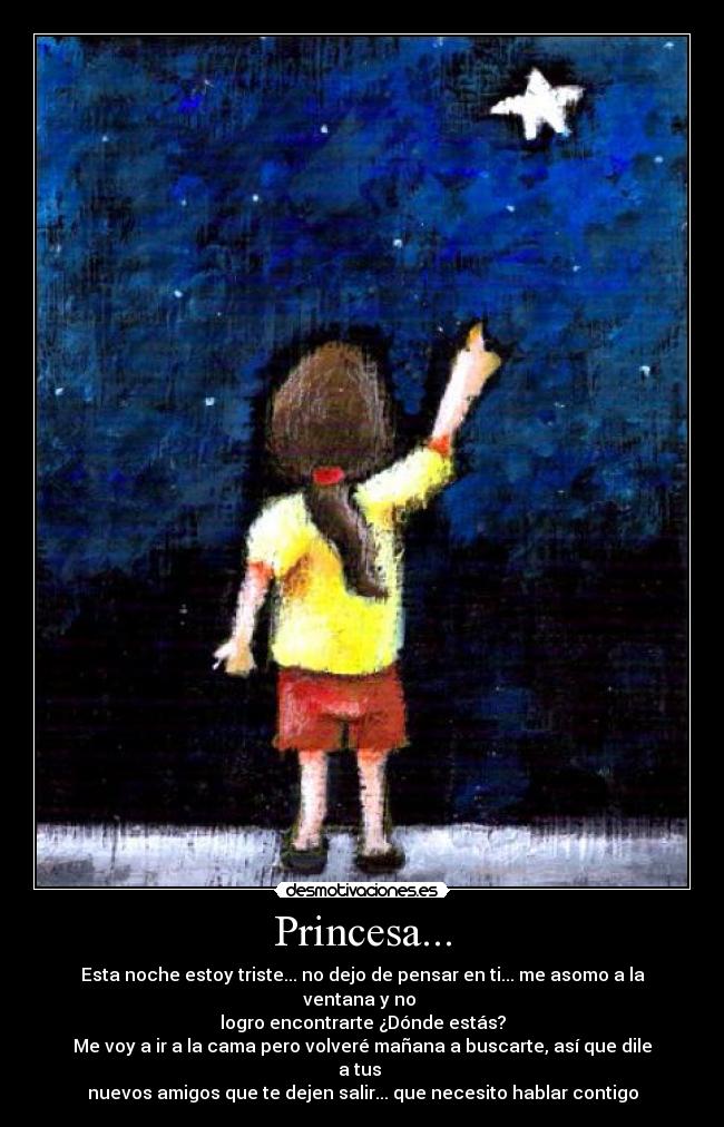 Princesa... - Esta noche estoy triste... no dejo de pensar en ti... me asomo a la ventana y no 
logro encontrarte ¿Dónde estás?
Me voy a ir a la cama pero volveré mañana a buscarte, así que dile a tus 
nuevos amigos que te dejen salir... que necesito hablar contigo