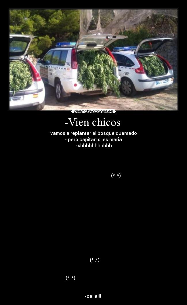 -Vien chicos - vamos a replantar el bosque quemado
- pero capitán si es maria
-shhhhhhhhhhh
(* .*)
(* .*)
(* .*)
-calla!!!