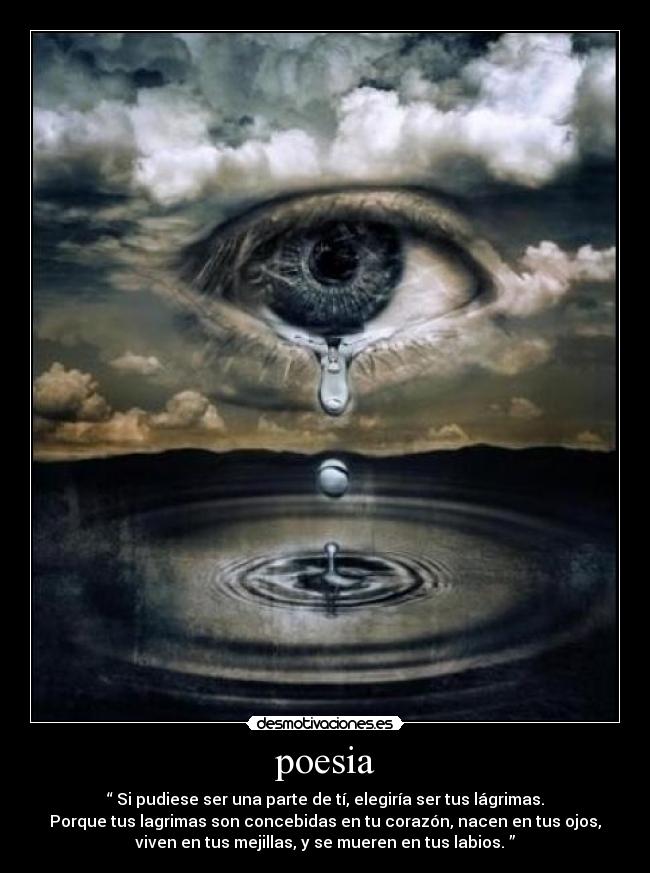 poesia - “ Si pudiese ser una parte de tí, elegiría ser tus lágrimas.
Porque tus lagrimas son concebidas en tu corazón, nacen en tus ojos,
viven en tus mejillas, y se mueren en tus labios. ”