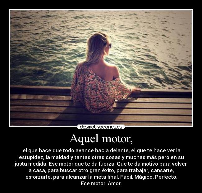 Aquel motor, - el que hace que todo avance hacia delante, el que te hace ver la
estupidez, la maldad y tantas otras cosas y muchas más pero en su
justa medida. Ese motor que te da fuerza. Que te da motivo para volver
a casa, para buscar otro gran éxito, para trabajar, cansarte,
esforzarte, para alcanzar la meta final. Fácil. Mágico. Perfecto.
Ese motor. Amor.