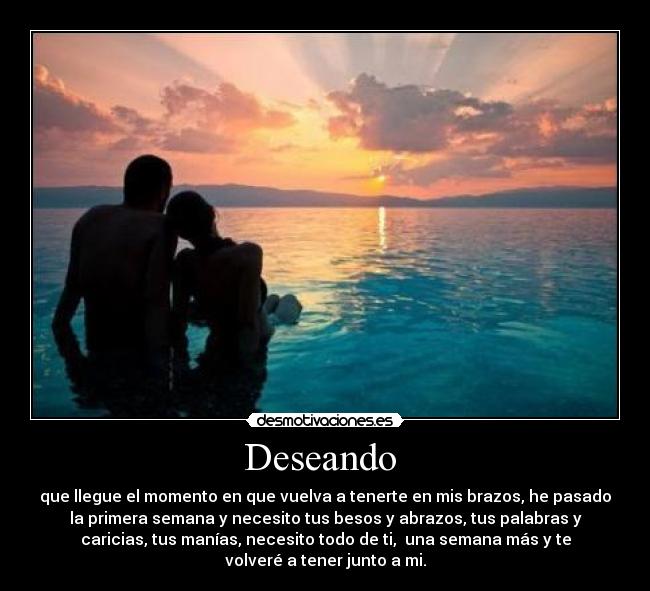 Deseando - que llegue el momento en que vuelva a tenerte en mis brazos, he pasado
la primera semana y necesito tus besos y abrazos, tus palabras y
caricias, tus manías, necesito todo de ti, una semana más y te
volveré a tener junto a mi.