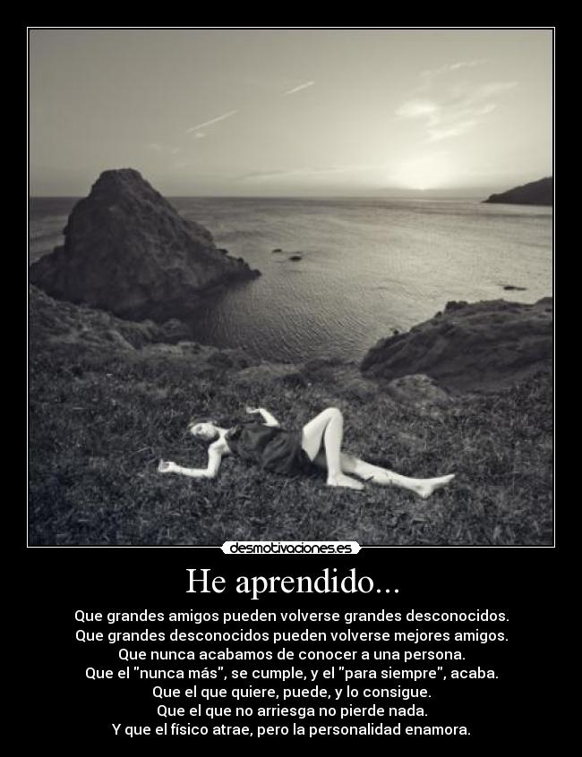 He aprendido... - Que grandes amigos pueden volverse grandes desconocidos.
Que grandes desconocidos pueden volverse mejores amigos.
Que nunca acabamos de conocer a una persona.
Que el nunca más, se cumple, y el para siempre, acaba.
Que el que quiere, puede, y lo consigue.
Que el que no arriesga no pierde nada.
Y que el físico atrae, pero la personalidad enamora.