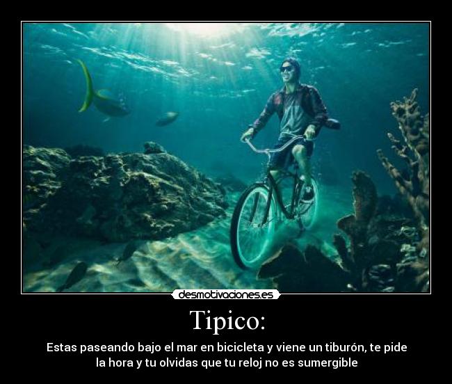 Tipico: - Estas paseando bajo el mar en bicicleta y viene un tiburón, te pide
la hora y tu olvidas que tu reloj no es sumergible